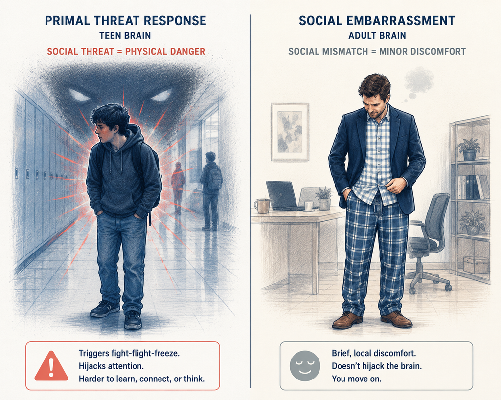 Split illustration of a teen's brain reaction to wearing the wrong brand of jeans to school versus an adult's mild embarrassment