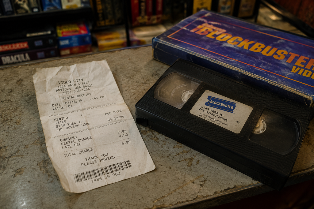 A worn VHS tape rental receipt with a late fee charge, next to an old video cassette on a counter