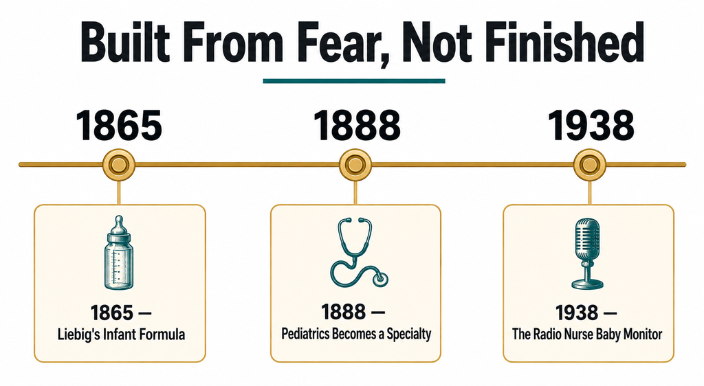 Horizontal timeline showing three real historical origin points behind modern infant-care industries: 1865 infant formula, 1888 pediatrics as a medical specialty, and 1938 the Radio Nurse baby monitor