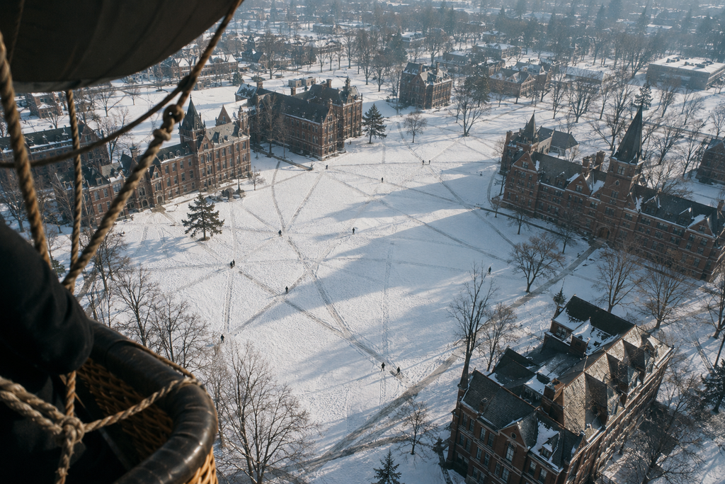 Aerial view of footprint trails crisscrossing a snow-covered campus lawn