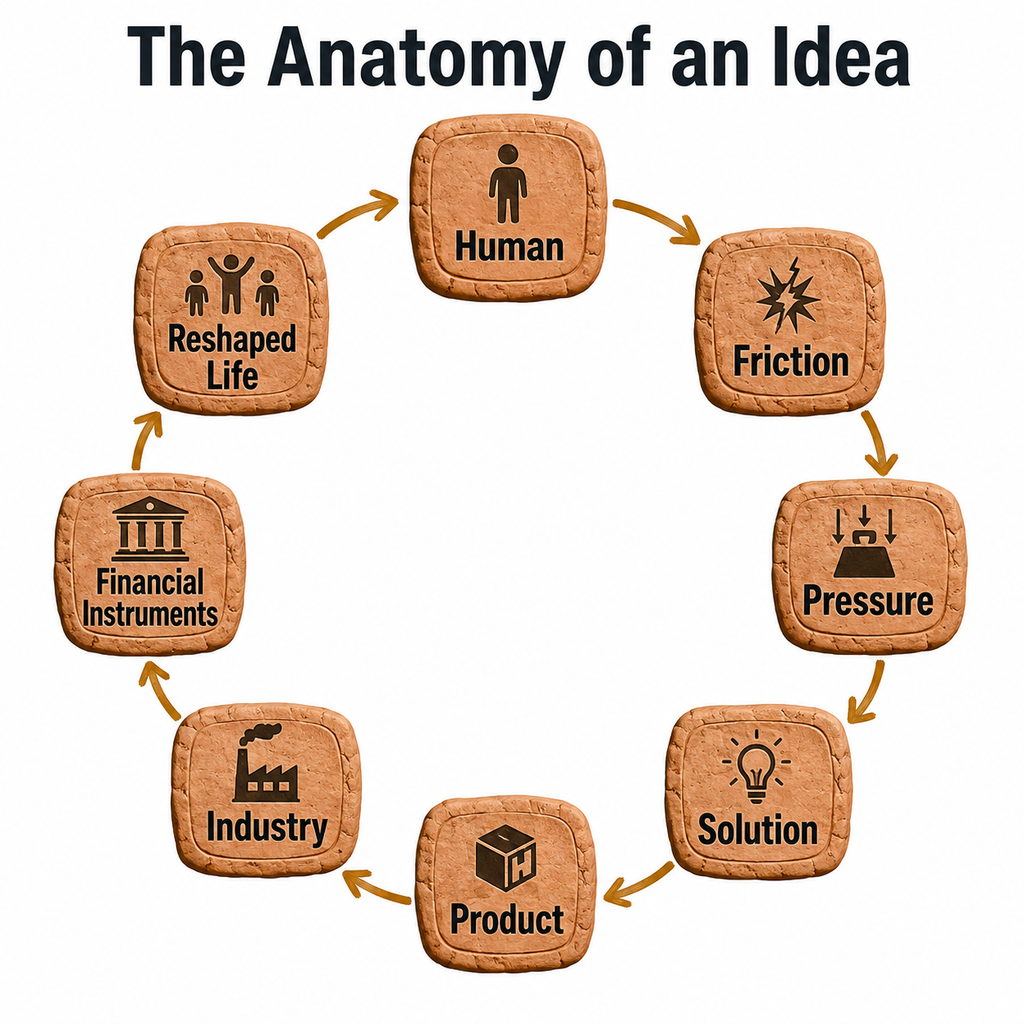 Diagram showing the eight-step cycle from human friction to industry