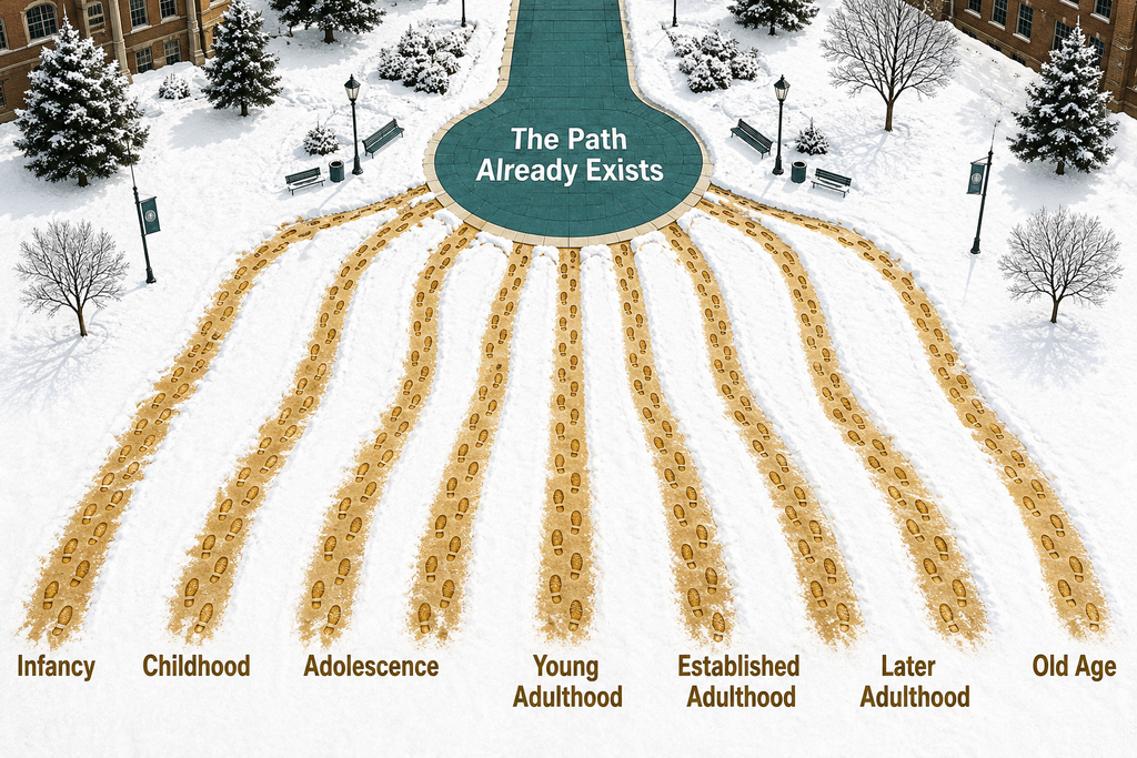A snow-covered campus quad with seven diverging footpaths labeled by life phase, leading toward a paved walkway