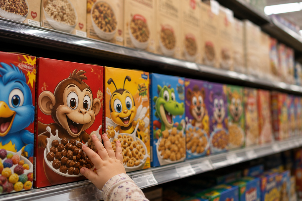 Close-up view from a toddler's eye level of a grocery store cereal aisle, showing colorful mascot-covered cereal boxes on the lower shelf with muted adult cereal boxes blurred in the background above