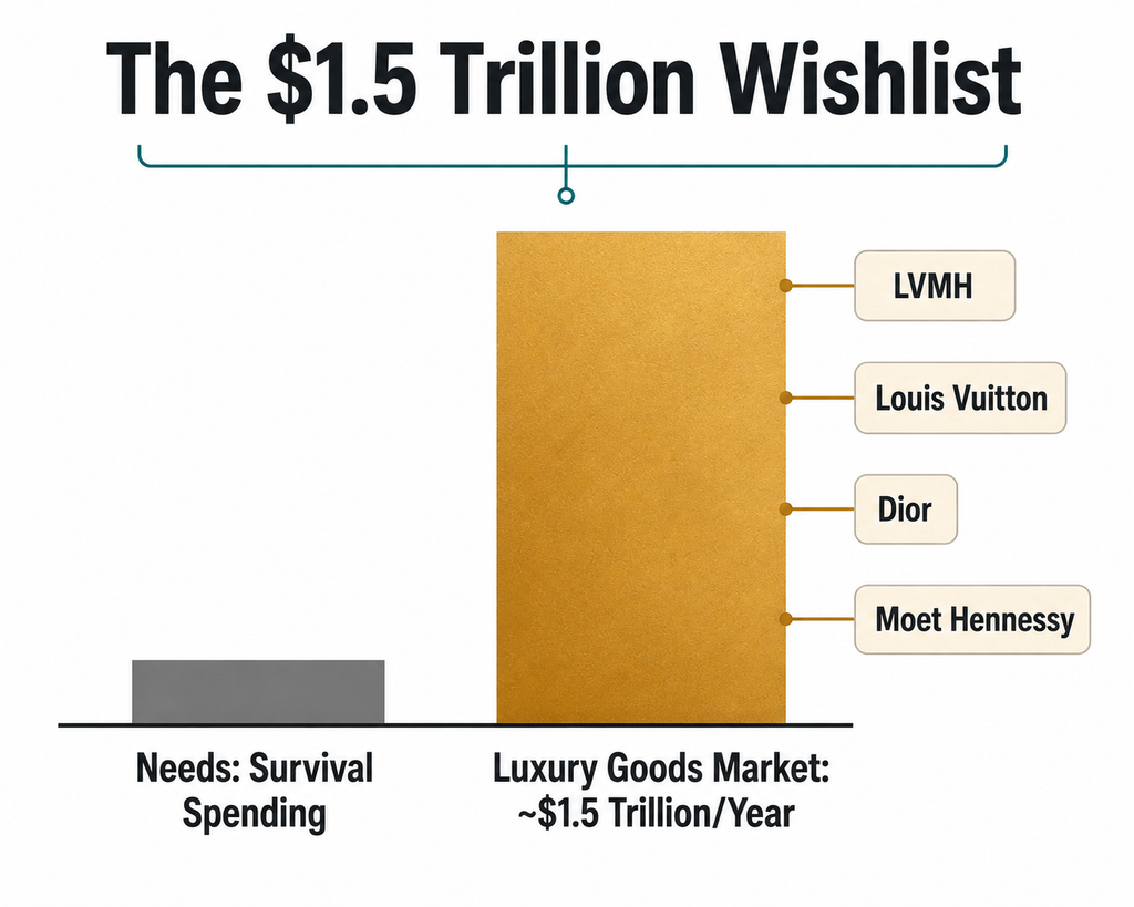 Bar chart comparing the $1.5 trillion global luxury goods market to the concept of survival spending, illustrating that luxury spend sits entirely outside basic needs