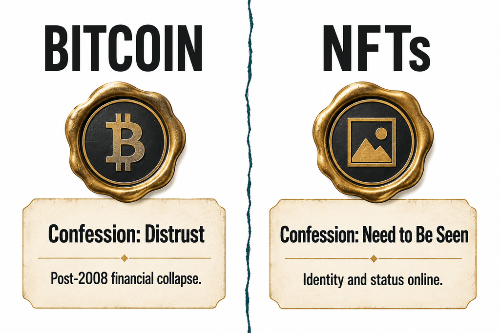 Diagram contrasting Bitcoin and NFTs as two financial 'confessions' of different emotional needs