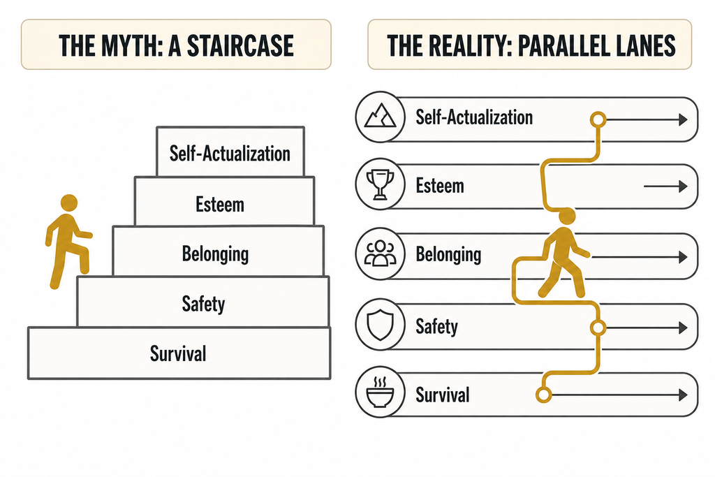 Diagram contrasting Maslow's staircase pyramid with a parallel-lanes model of human motivation