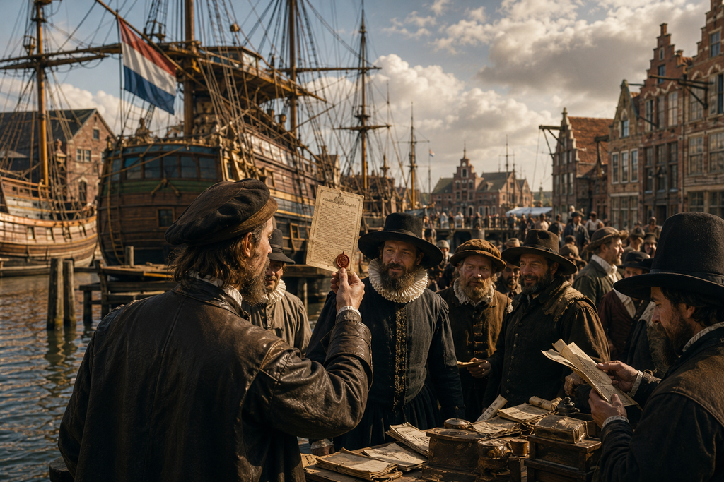 17th-century Amsterdam harbor with merchant ships and traders exchanging paper share certificates