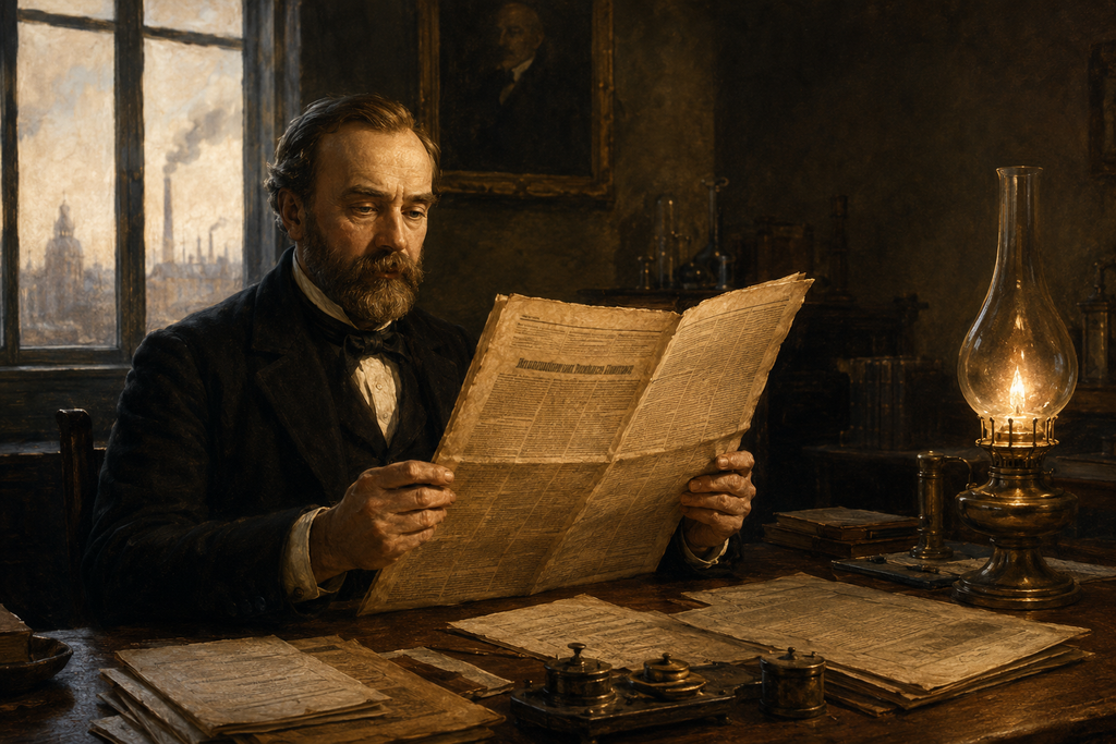 A man in Victorian dress sits reading a folded newspaper by lamplight, his own name visible in the obituary column