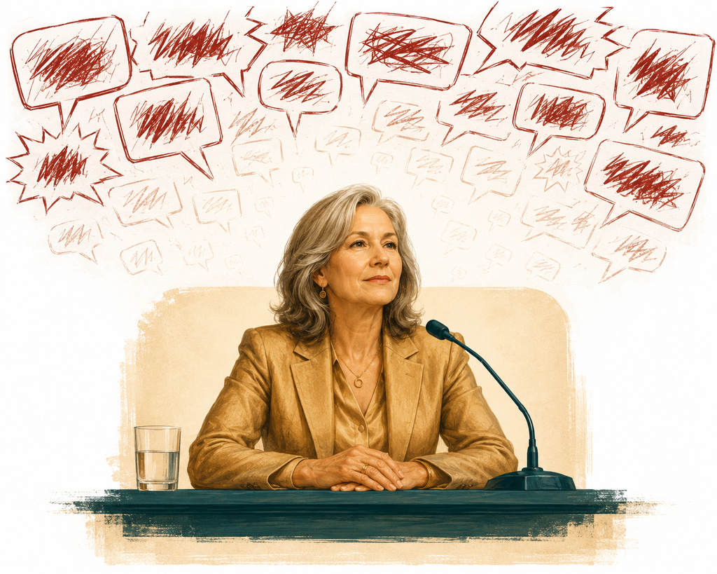 Illustration of a gray-haired woman calmly speaking at a panel desk while a wall of harsh comment bubbles about her looks looms behind her, unable to touch her