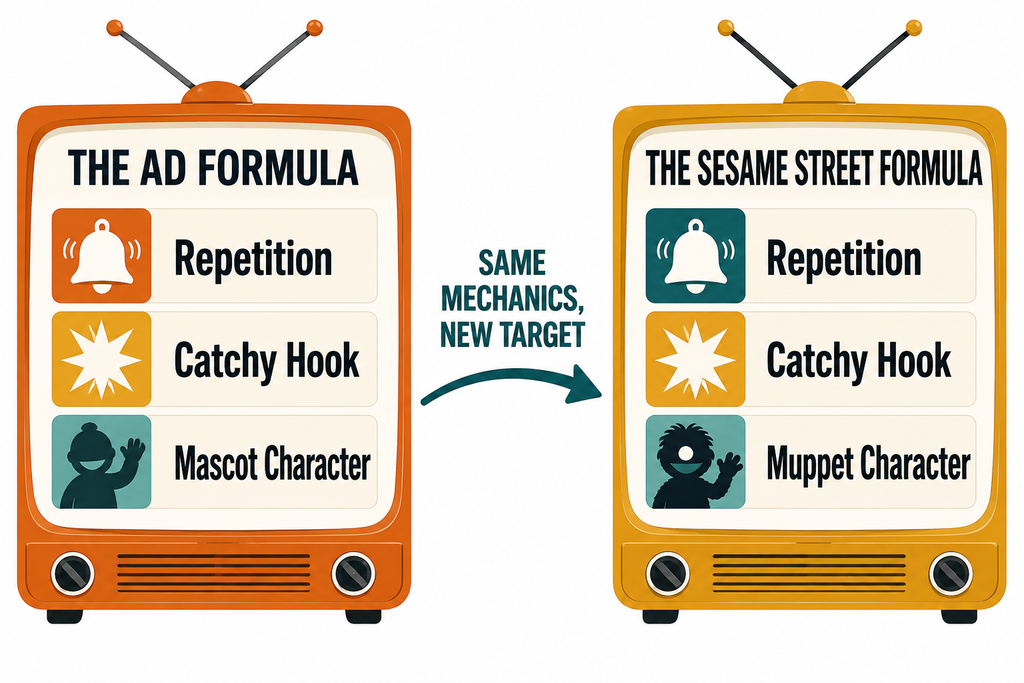 Side-by-side diagram comparing the mechanics of a TV commercial jingle to the mechanics used in Sesame Street's teaching segments
