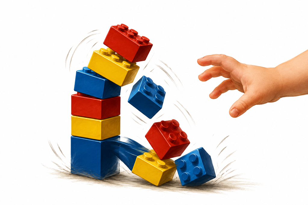 Cutaway illustration of a 1949-style Lego tower toppling because the bricks lack grip