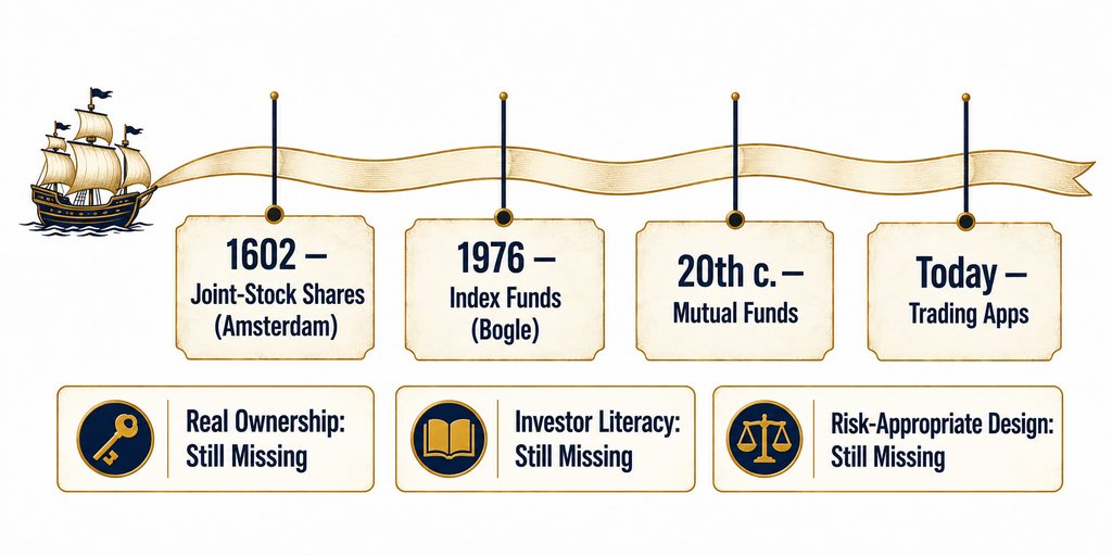 Timeline of four market access milestones from 1602 to modern trading apps, with three gap labels beneath