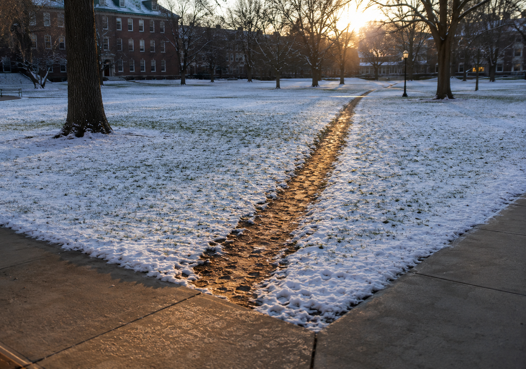 : A worn diagonal footpath cutting across a snow-covered campus lawn where the snow has melted away under repeated footsteps, next to an unused paved sidewalk