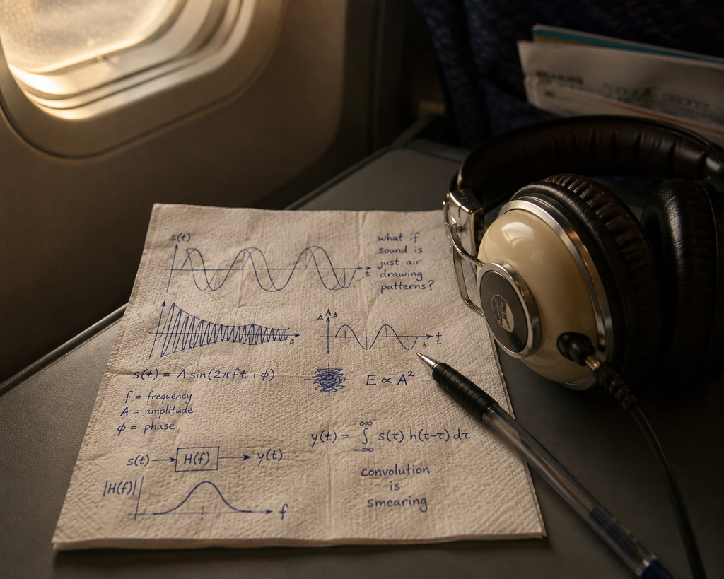 A napkin with hand-drawn sound wave equations resting on an airplane tray table next to headphones