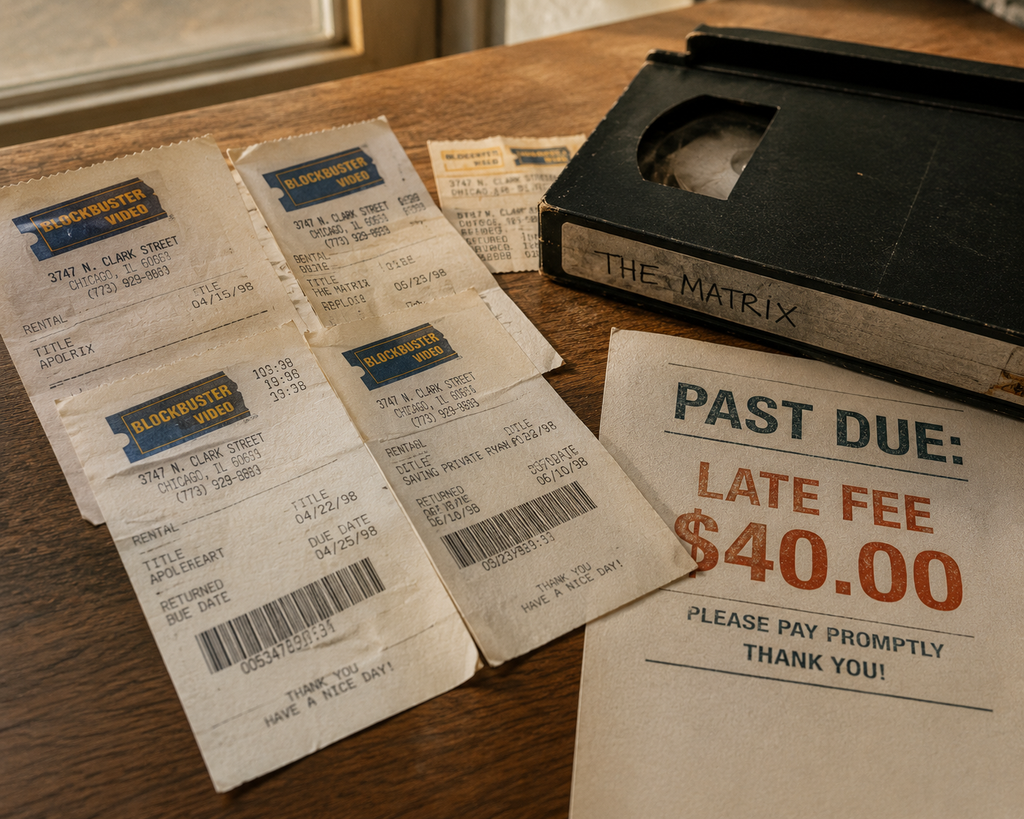 A stack of old VHS rental receipts and a Blockbuster late-fee notice fanned out on a table, evidence of a real, documented friction