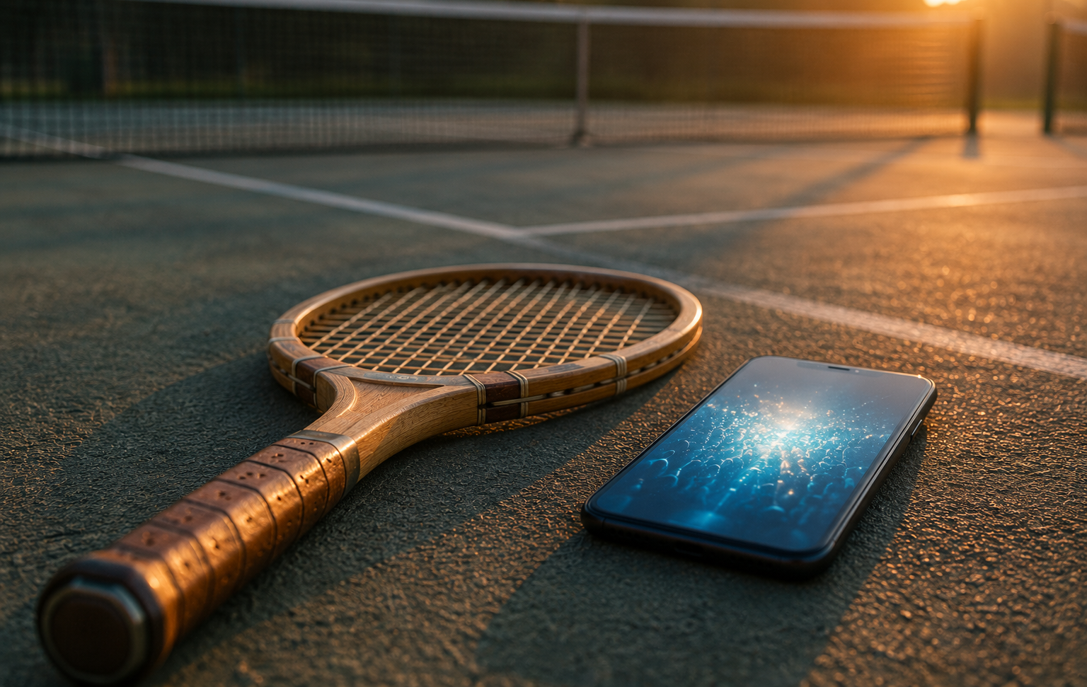A tennis racket resting on a court beside a glowing phone screen, symbolizing a new life stage lived under both athletic pressure and networked visibility