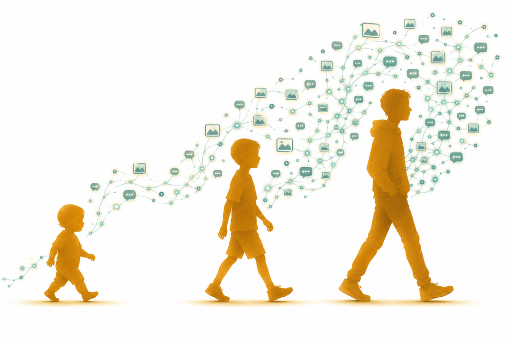 A child's silhouette walking forward while a glowing thread of data points and small photo icons trails behind and above them, growing denser with age