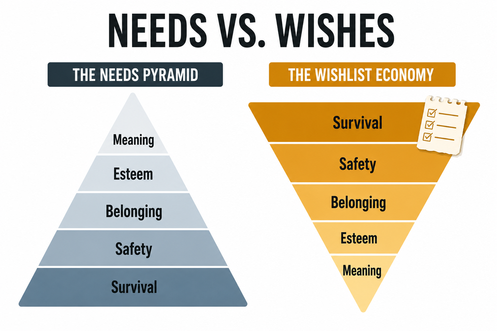 Diagram contrasting Maslow's traditional needs pyramid with an inverted wishlist economy pyramid