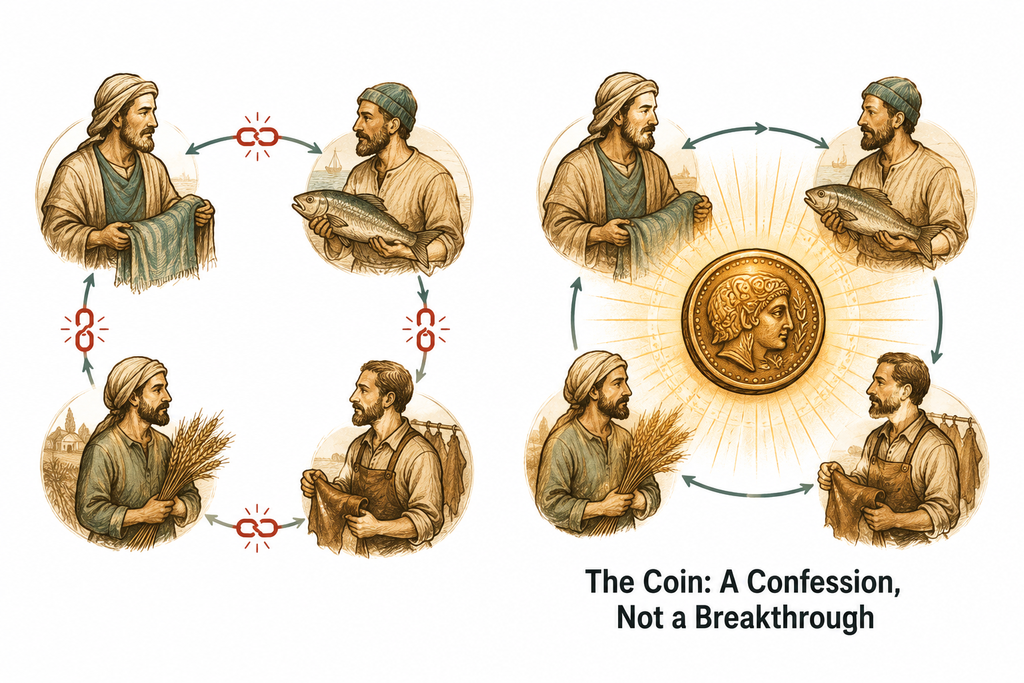 Illustration of a medieval marketplace barter chain failing, transitioning into early coins from Lydia, China, and India