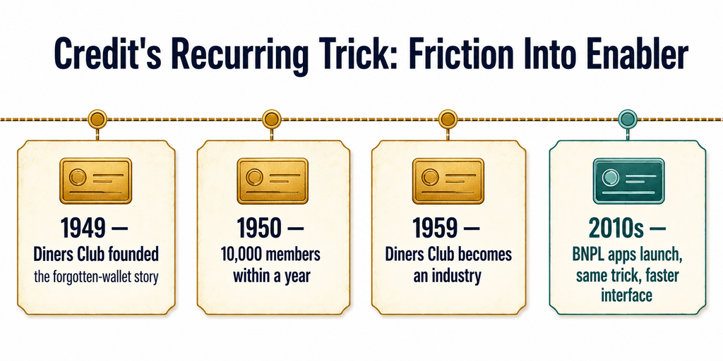 Timeline infographic showing Diners Club 1949, ten thousand members within a year, an industry within a decade, and BNPL's rapid 2010s rise by comparison