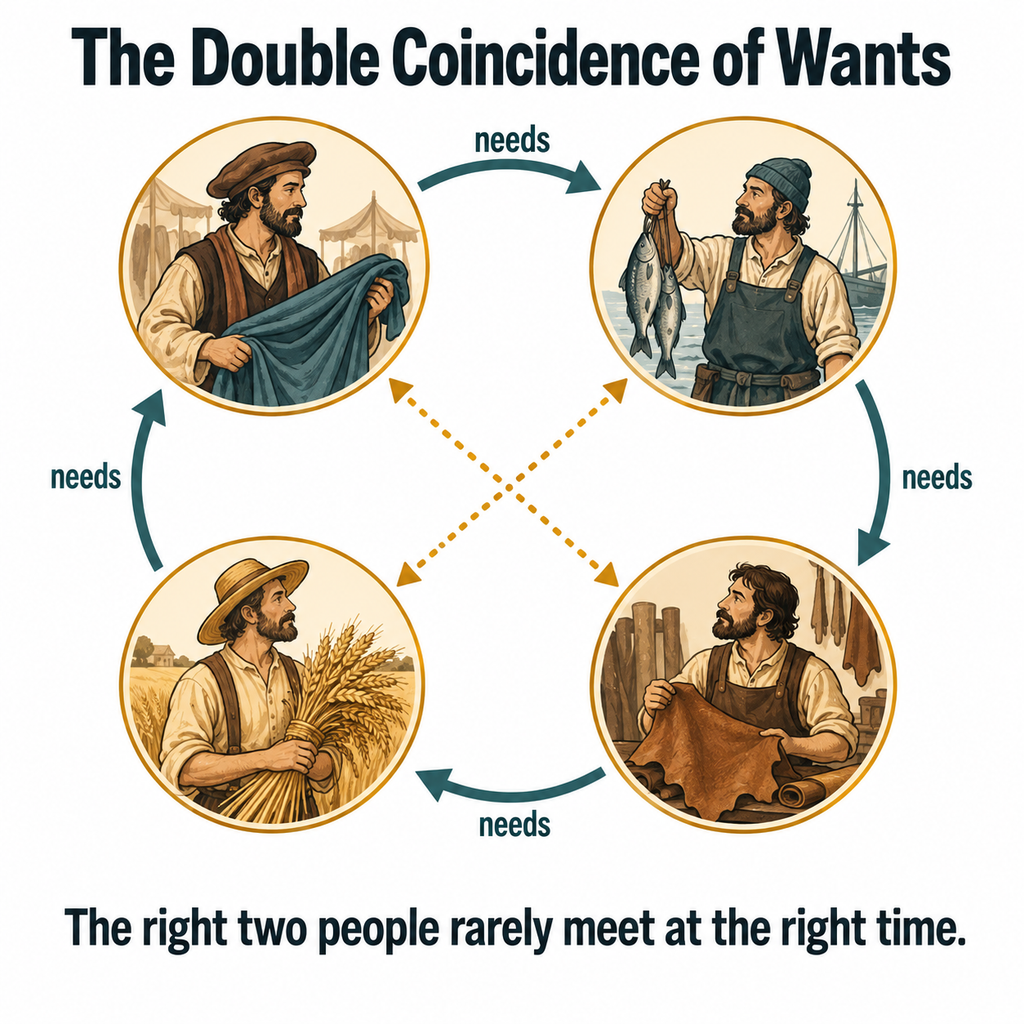 Diagram of four medieval traders unable to complete a barter loop