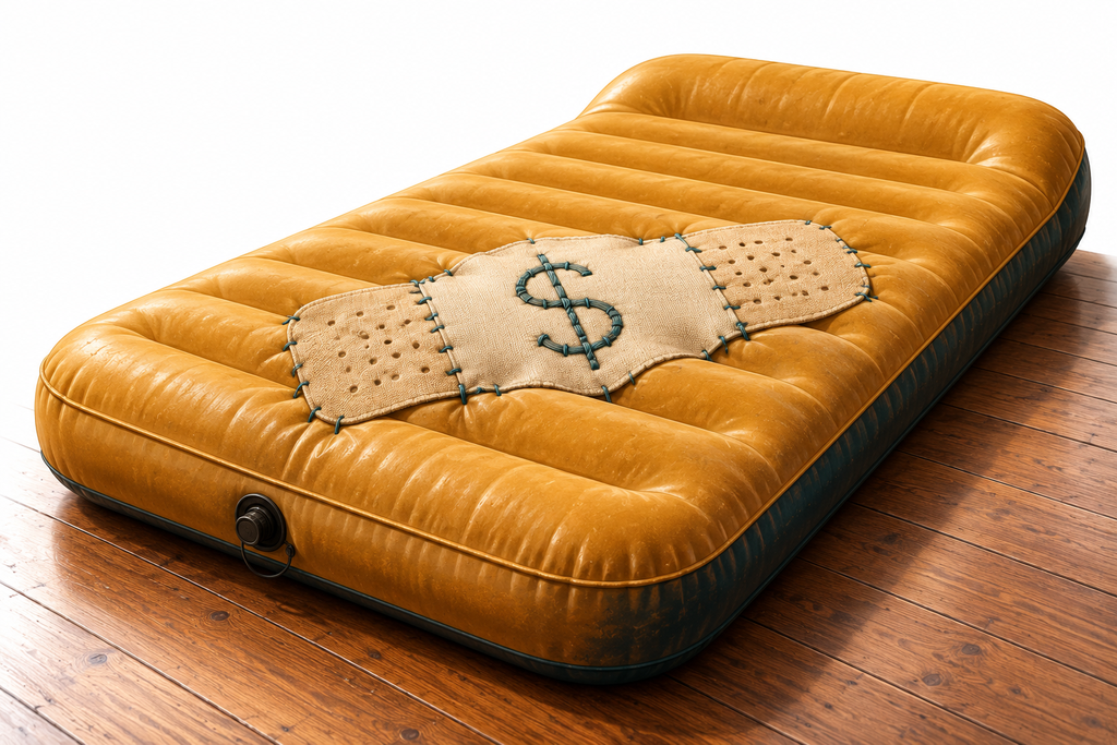An air mattress being stitched with a bandage, symbolizing pain turned into a paid product