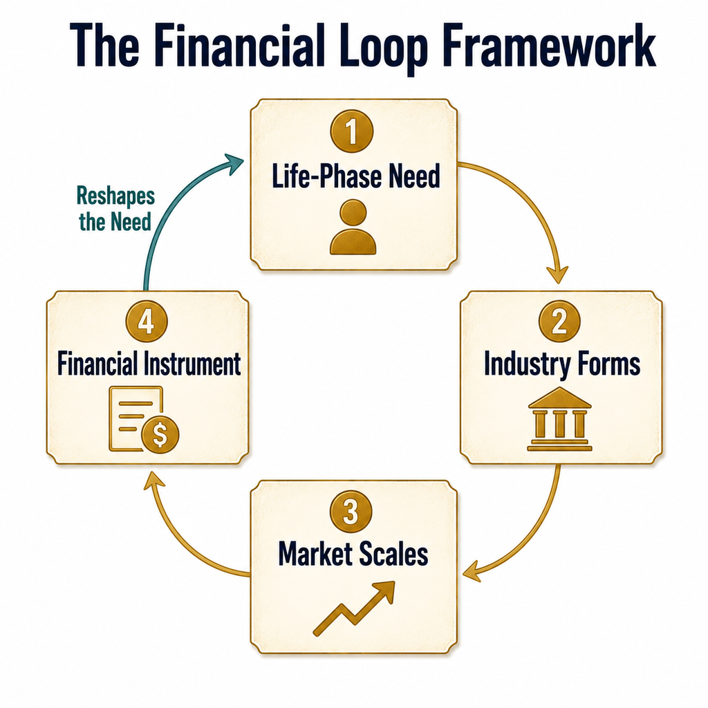 Circular diagram showing the four-stage financial loop framework: life-phase need, industry forms, market scales, financial instrument, looping back to reshape the original need