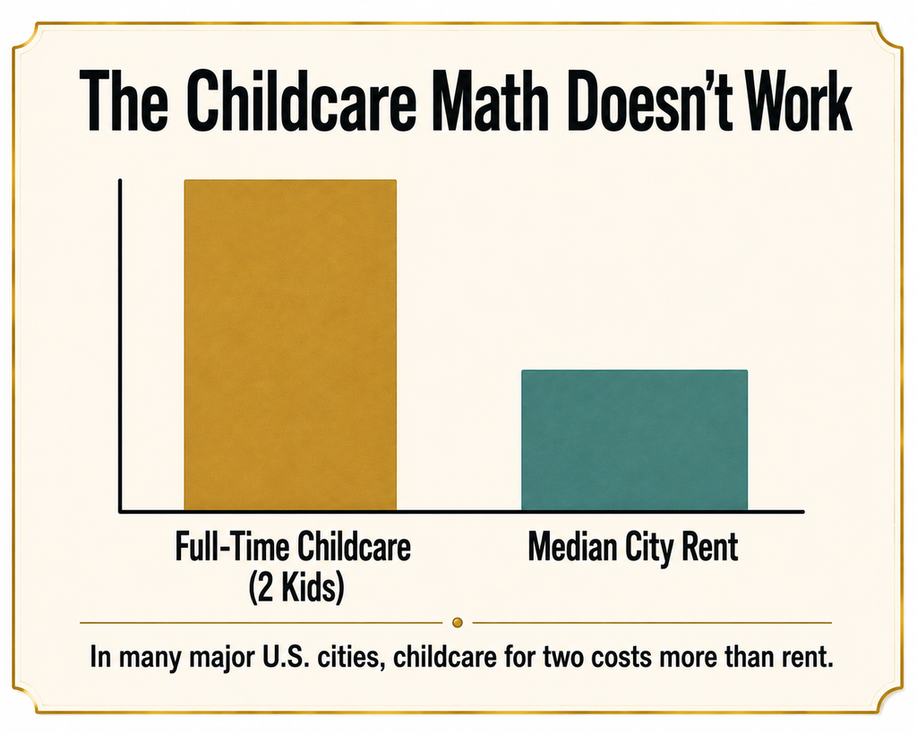 Bar chart comparing the cost of full-time childcare for two children to median city rent, showing childcare costs exceeding rent in many major U.S. cities