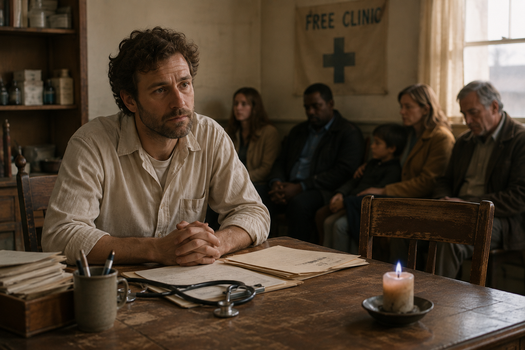 A volunteer at a clinic desk beside a candle whose flame has dimmed to a faint ember, not blown out