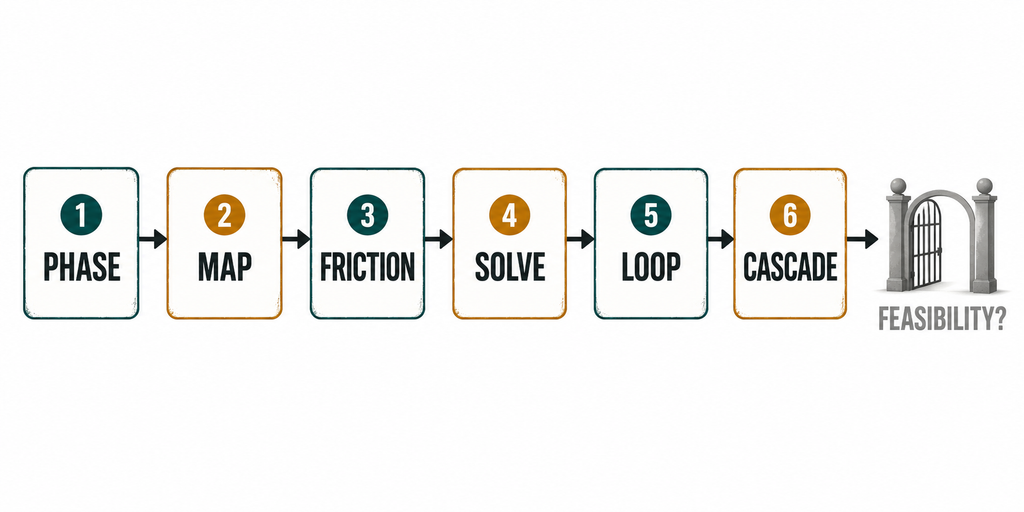 Diagram showing the six-step idea framework as a sequence ending with feasibility gated at the end