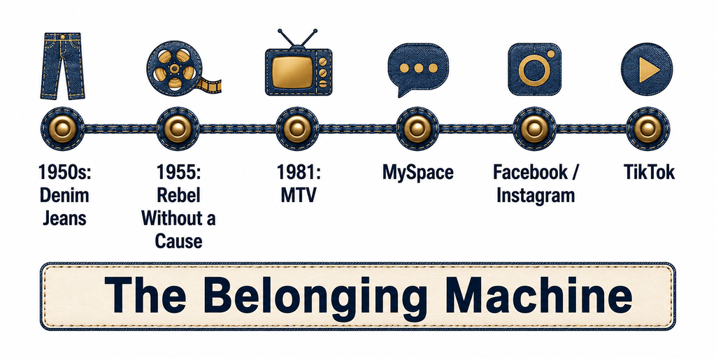 Timeline diagram showing the evolution of teen identity platforms from 1950s denim through MTV, MySpace, Facebook, Instagram, to TikTok
