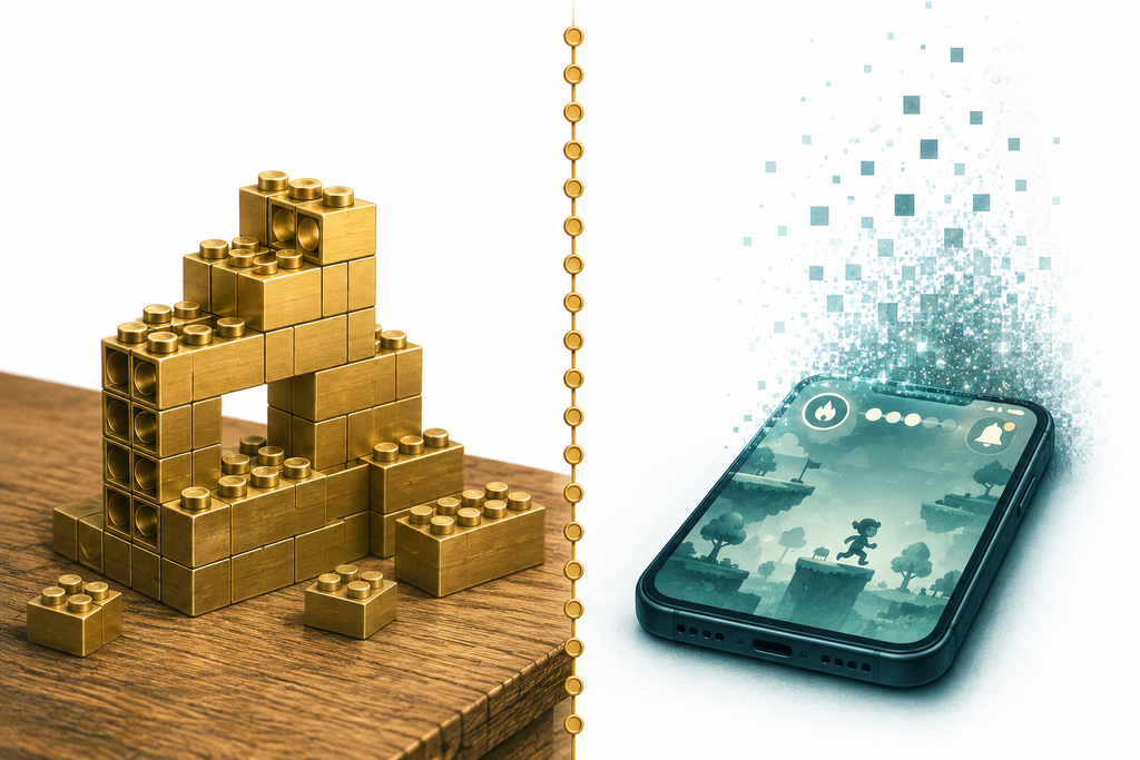 Split conceptual illustration comparing a physical Lego structure that stays standing with a digital app screen that resets to zero