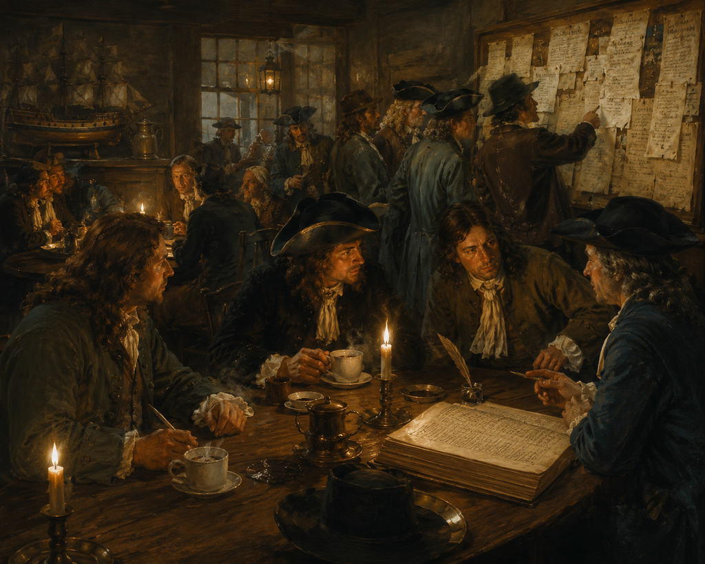Illustrated historical scene of Edward Lloyd's coffee house with merchants and ship captains discussing shipping news on the walls