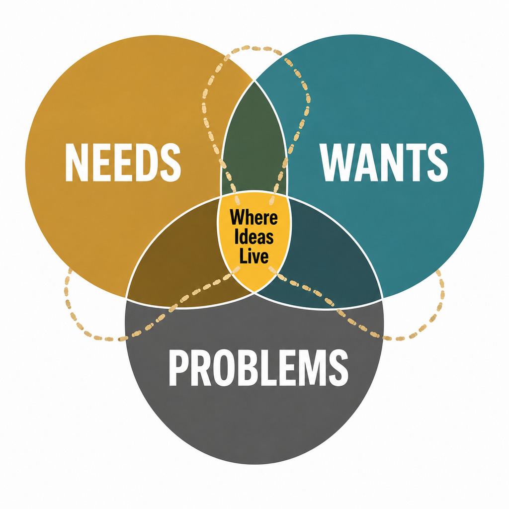 Three overlapping labeled circles showing Needs, Wants, and Problems with a highlighted overlap zone