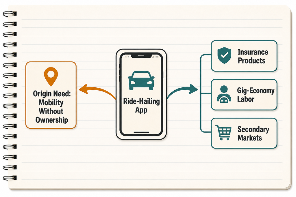 Diagram showing a ride-hailing app at the center with arrows tracing backward to its origin need and forward to what it spawned