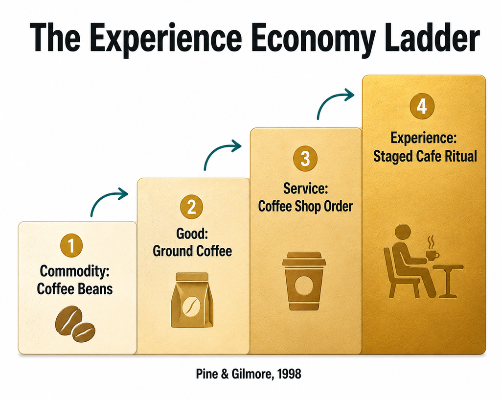 Four-step ascending diagram showing coffee moving from commodity to good to service to staged experience, each step commanding a higher price