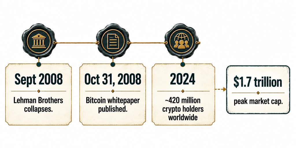 Infographic timeline showing the 2008 financial crisis, the Bitcoin whitepaper, and current crypto adoption figures