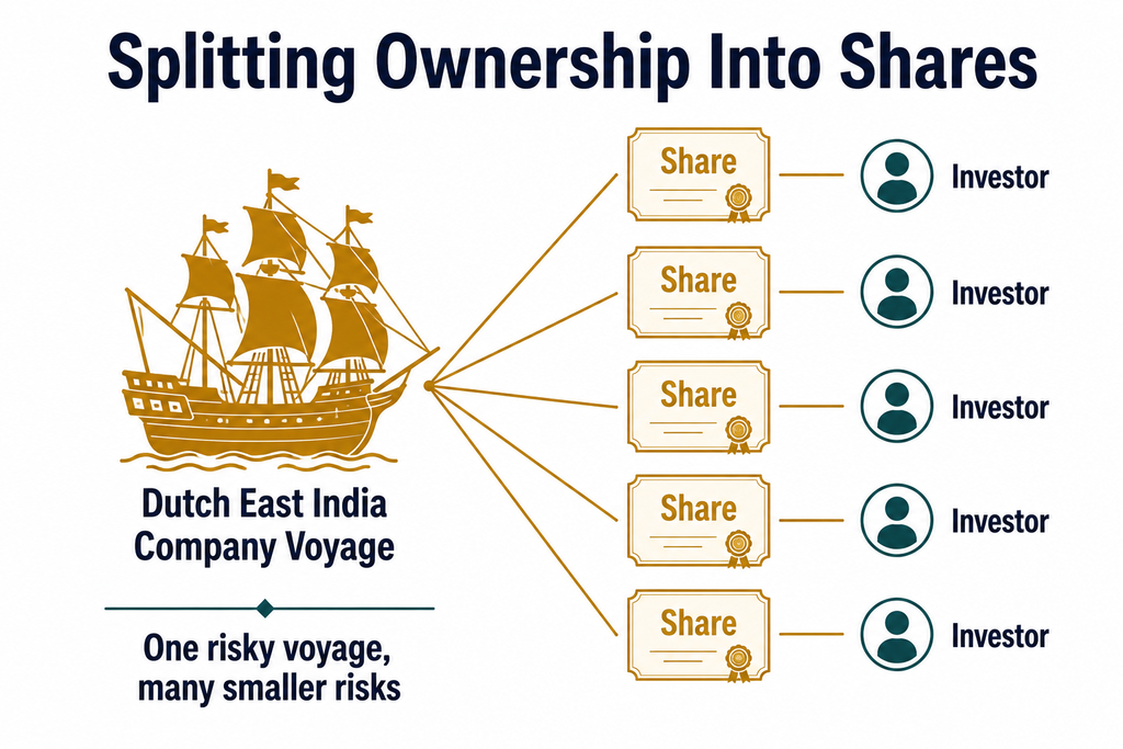 Diagram showing a ship's ownership sliced into shares distributed among multiple investors