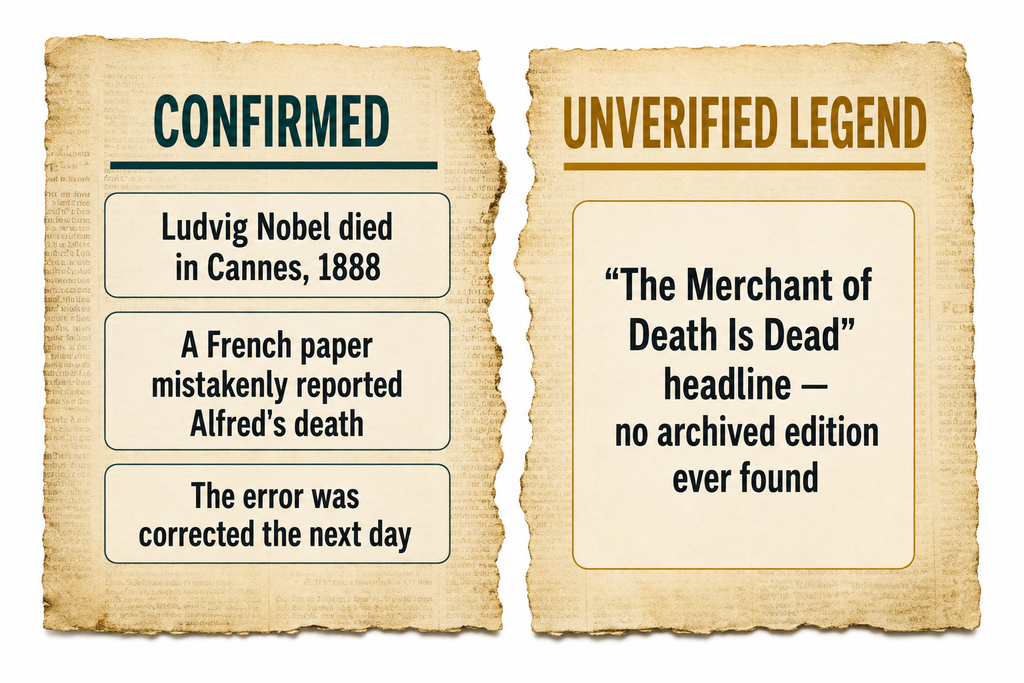 Split diagram comparing the documented facts of the 1888 obituary mix-up against the unverified legend