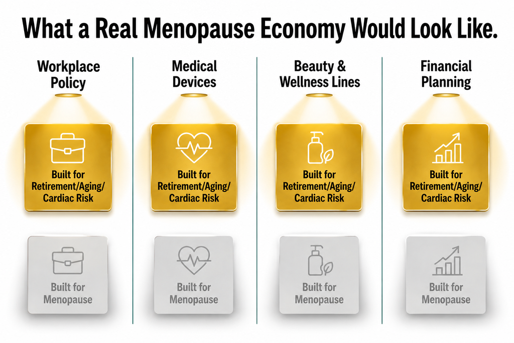 Four-panel diagram showing the underbuilt categories of workplace policy, medical devices, beauty lines, and financial planning compared to their fully-built counterparts