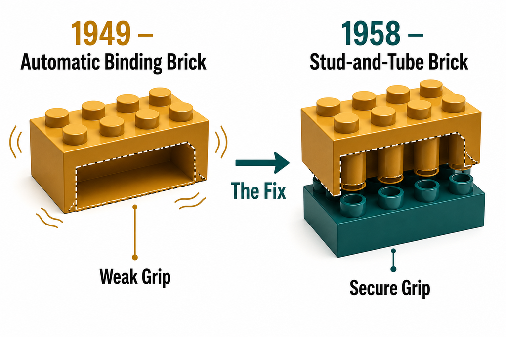 Diagram comparing Lego's early 1949 brick design to the 1958 stud-and-tube brick that solved the collapsing-build problem