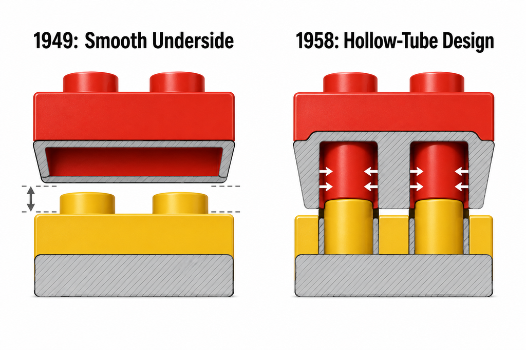 Diagram comparing a smooth-bottomed 1949 brick to the 1958 hollow-tube stud brick design