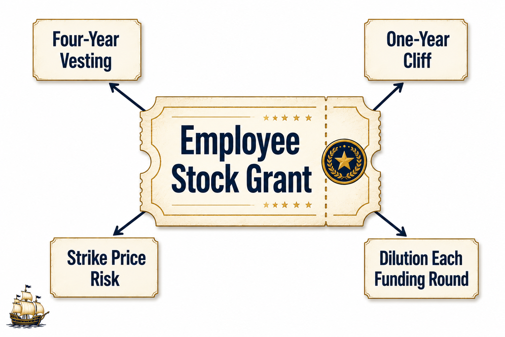 Diagram of an employee stock grant depicted as a lottery ticket attached to a vesting cliff and dilution arrows
