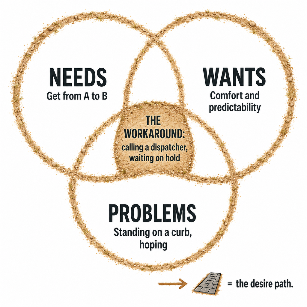 Diagram of three overlapping circles labeled Needs, Wants, and Problems, with the ride-hailing curb-hailing example marked in the overlap zone as the desire path
