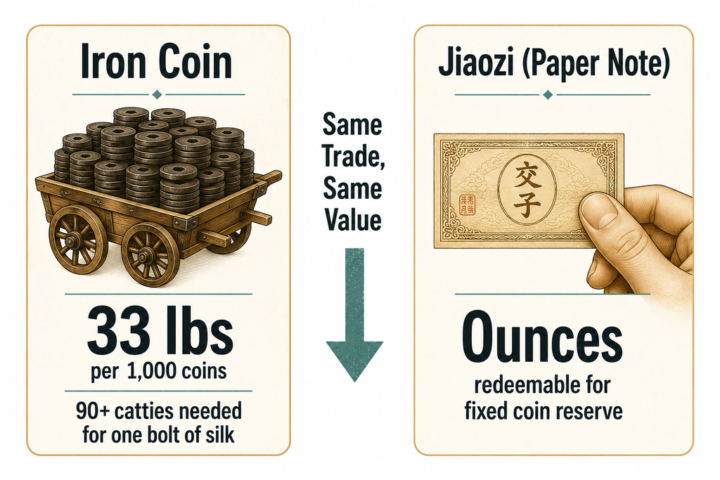 Infographic comparing the physical weight of iron coins versus paper jiaozi for a single silk transaction