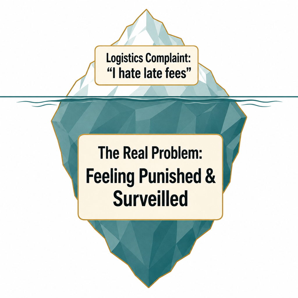 Diagram of an iceberg showing a logistics complaint above the waterline and the real emotional problem hidden below