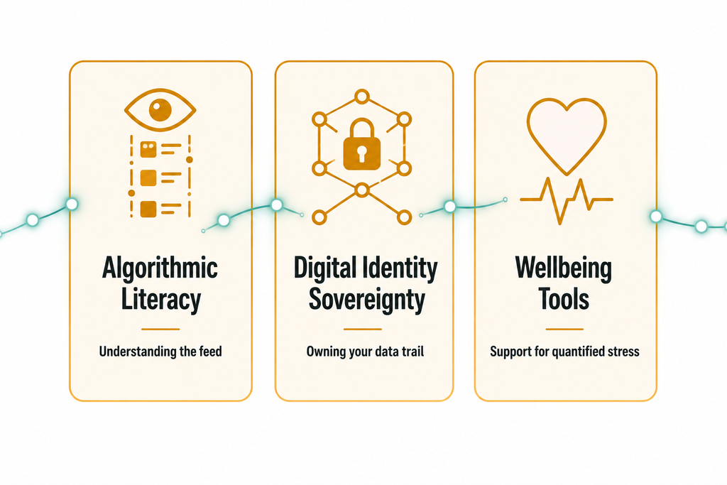 Diagram of three connected cards labeled Algorithmic Literacy, Digital Identity Sovereignty, and Wellbeing Tools, linked by a shared thread motif