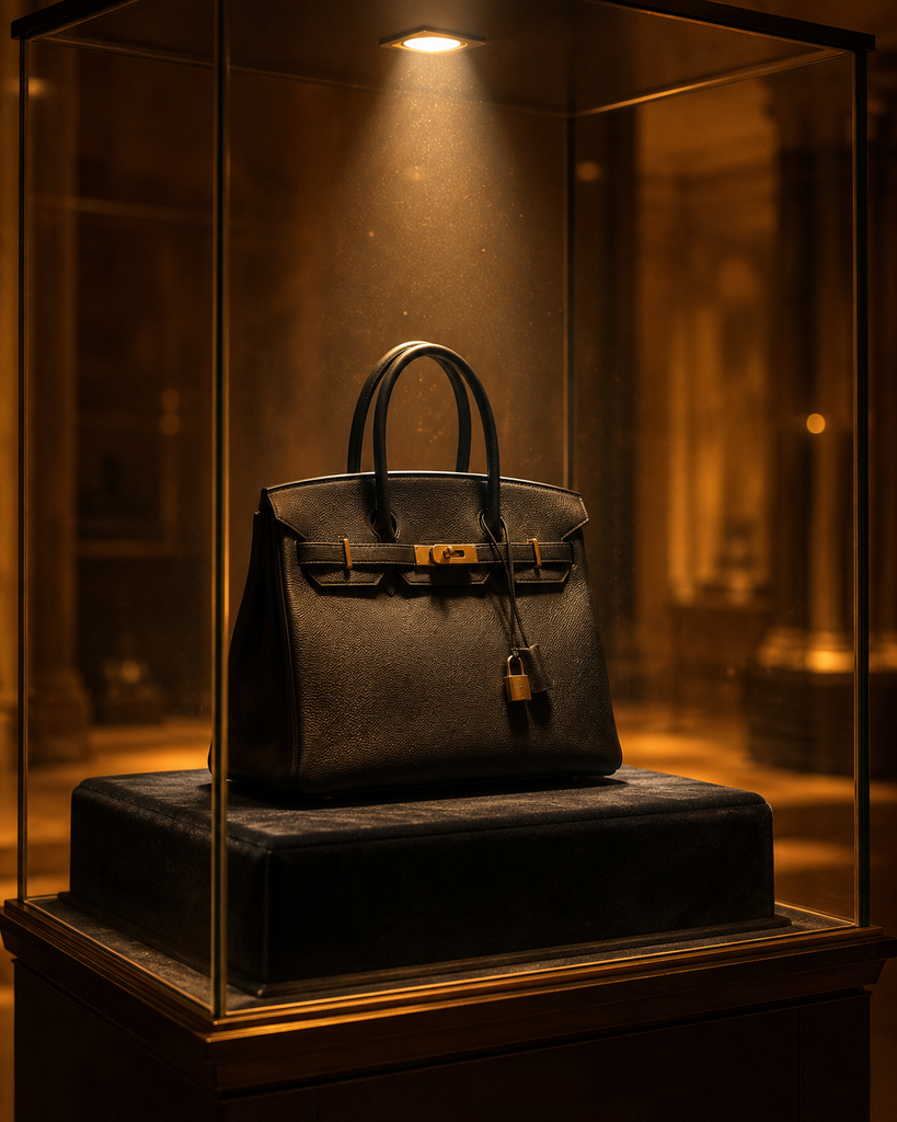 Conceptual image of a luxury handbag displayed like a museum artifact, symbolizing a want rather than a need
