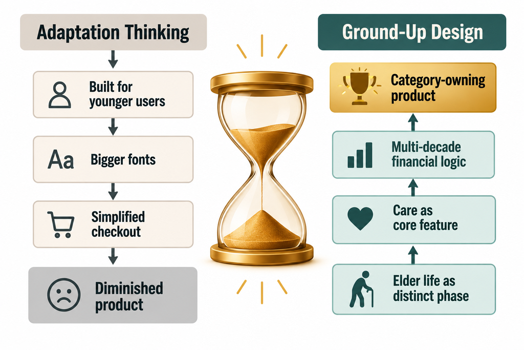 Diagram contrasting adapted-down products with products designed from the ground up for elder life
