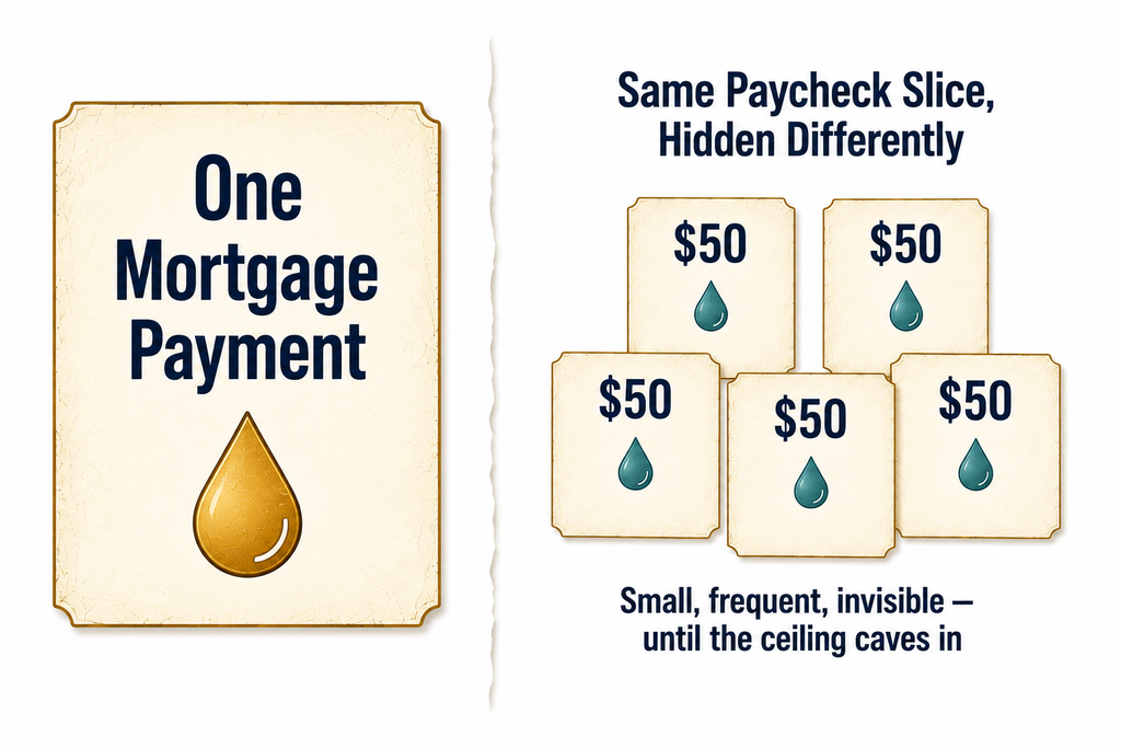 Diagram comparing a single visible mortgage payment against many small stacked BNPL installments across five apps, illustrating hidden compounding